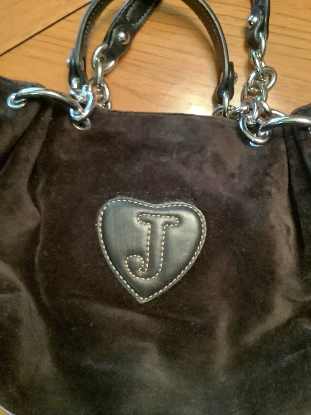 Royal Juicy Couture Black Leather and Thick Brown Velvet Bag with Silver Chain. - Picture 8 of 16